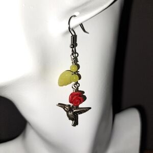 Hummingbird Dangle Earrings & Red Cinnabar Resin Rose with a Jade Leaf